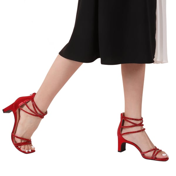Rhinestone Chunky Pump Sandals - RED RHINESTONE - 2